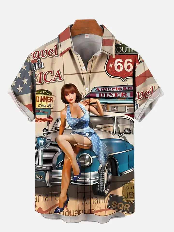 🎸 The Golden Era Edition: Premium Men’s 1970s-1980s Retro Pin-Up Hawaiian Shirt – High-Definition Vintage Poster Graphic, Classic Muscle Car & Cowgirl Aesthetic, Breathable Harajuku Streetwear, and Sophisticated Urban-Holiday Short-Sleeve (S-5XL)