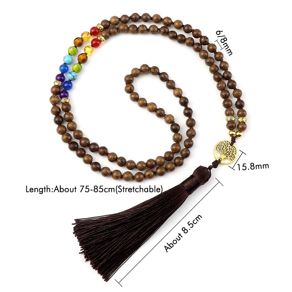🌳 7 Chakra Wooden Japamala Necklace: Vintage Tree of Life 108 Bead Mala – Meditation, Yoga & Prayer Rosary with Healing Tassel