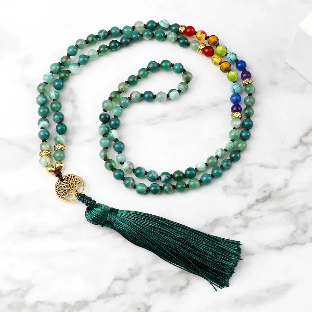 🐯 Tiger Eye & Black Onyx 108 Mala Necklace with Tree of Life Pendant – 7 Chakra Healing Crystal Beads & Protection Rosary Jewelry for Men & Women Green Striped