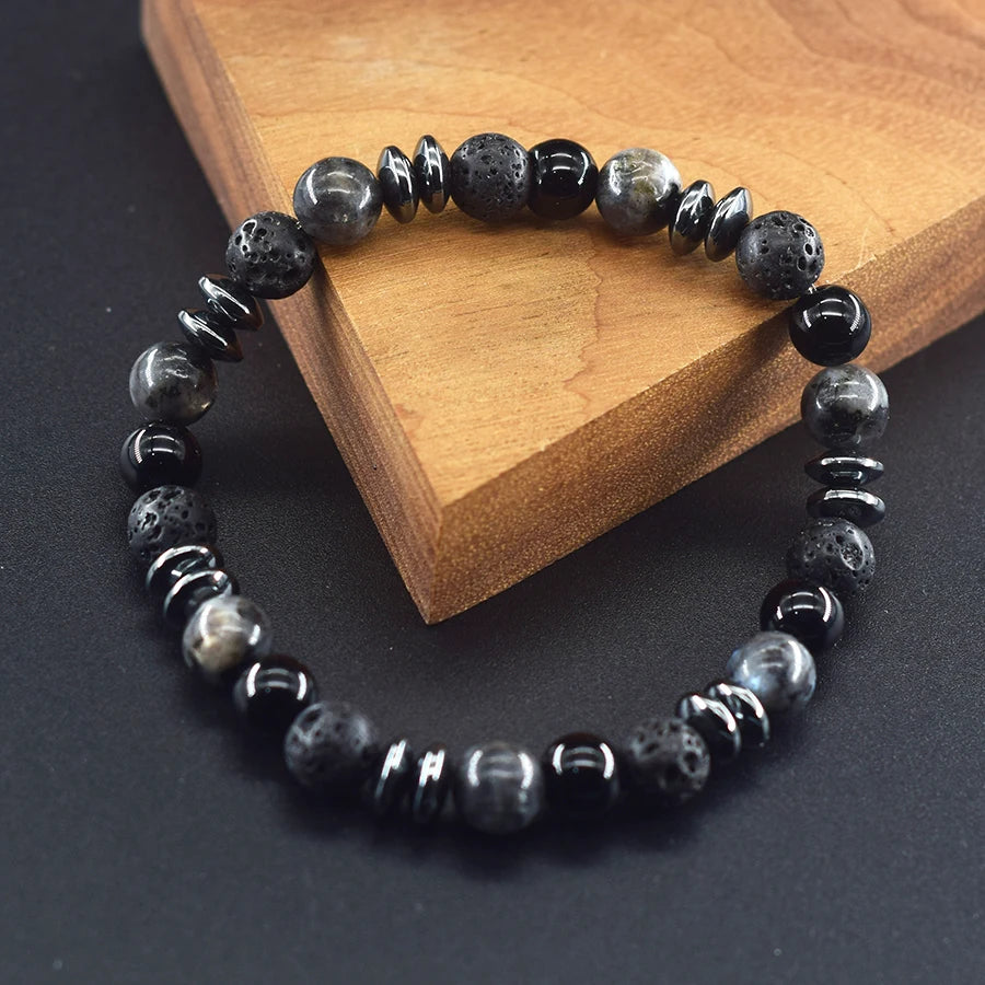 ✨ Classic Black Natural Labradorite & Volcanic Stone Beads Bracelet – Unisex Spiritual Protection and Energetic Balance Jewelry