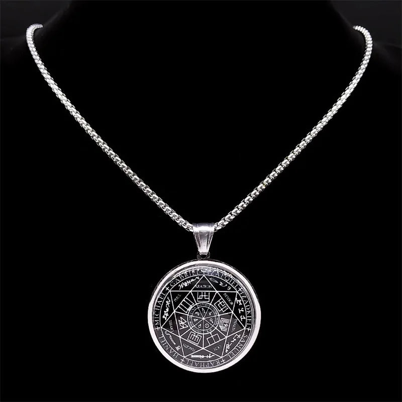✨ Seven Angels Medal Stainless Steel Glass Necklace – Divine Protection Talisman | Solomon & Saint Michael Pendant | Couple Party Jewelry Gifts