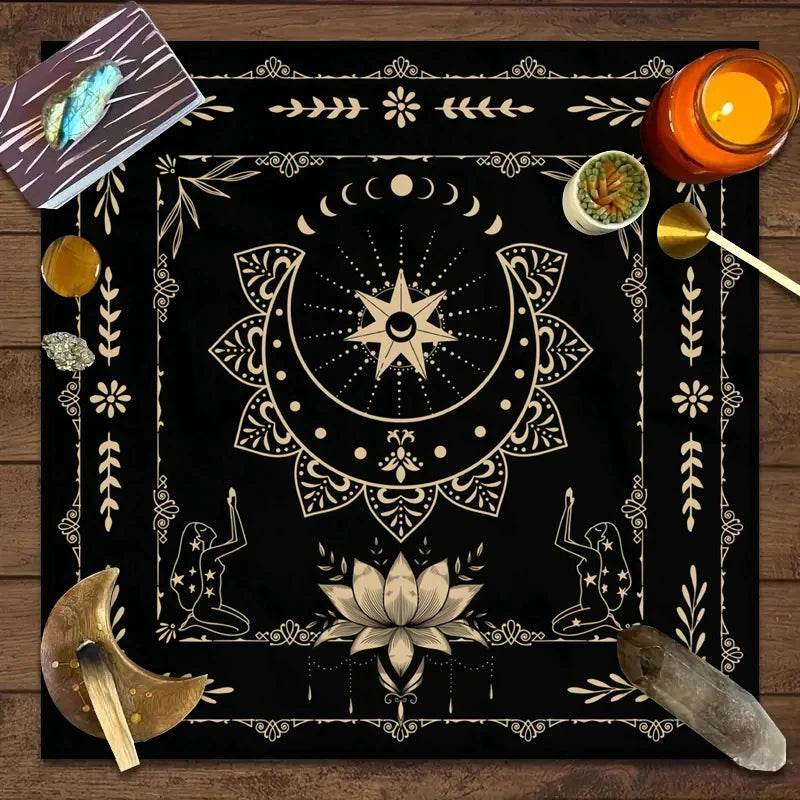 Thai Blessing Co astrology tarot tablecloth black cloth with crescent moon star lotus and ritual items