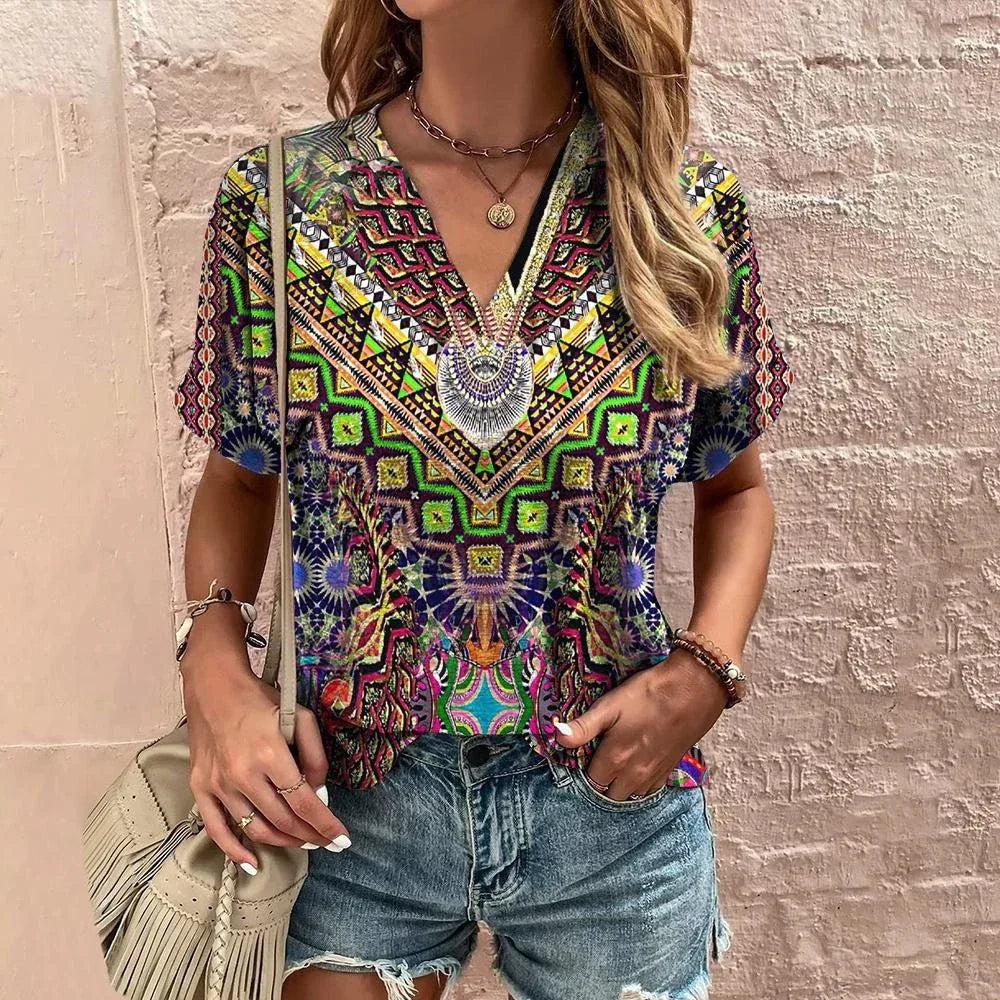 Retro Women’s Floral T-Shirt – Harajuku Style Short Sleeve V-Neck Casual Blouse S56VTX174