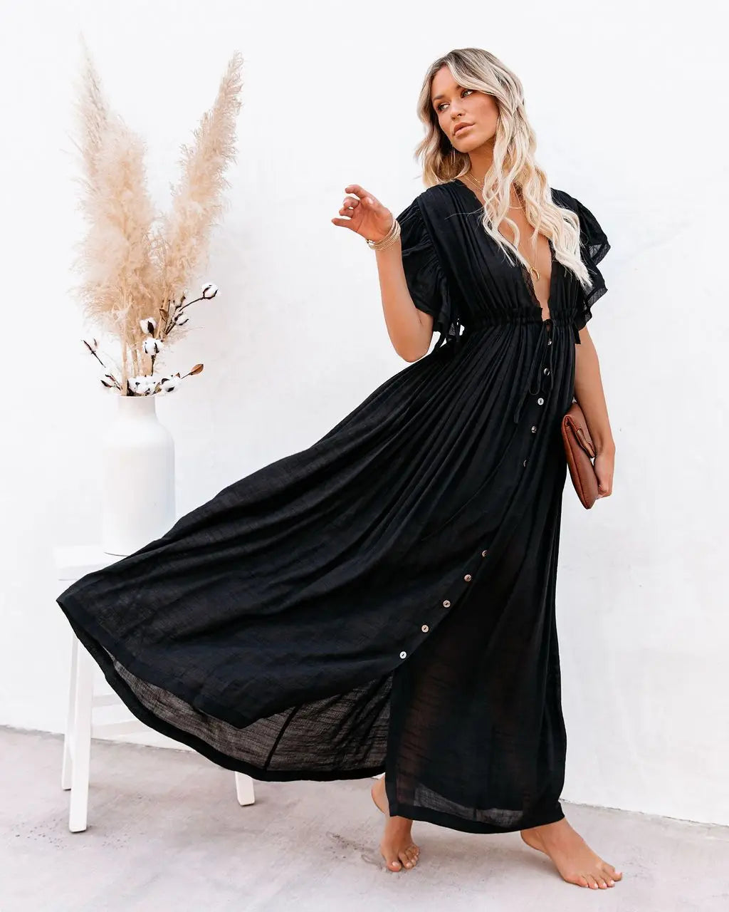 2024 Summer Long Bikini Cover Ups for Women Solid V-Neck Kimono Beach Dresses Lace Up Anti-Sun Swim Dress Bohemian Sarong Skirt One Size black