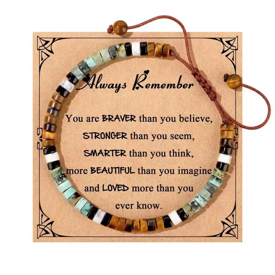 ✨ Natural Stone Beaded Woven Bracelet – Tiger’s Eye & Obsidian – Adjustable Unisex Couple Jewelry with Encouragement Blessing Card
