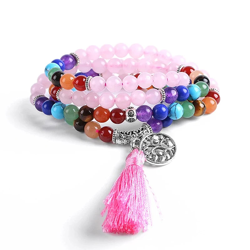 📿 108 Bead Rose Quartz & Tiger Eye Mala: 7 Chakra Healing Wrap Bracelet & Necklace – Heart Healing, Confidence & Meditation Prayer Beads Rose Quartz