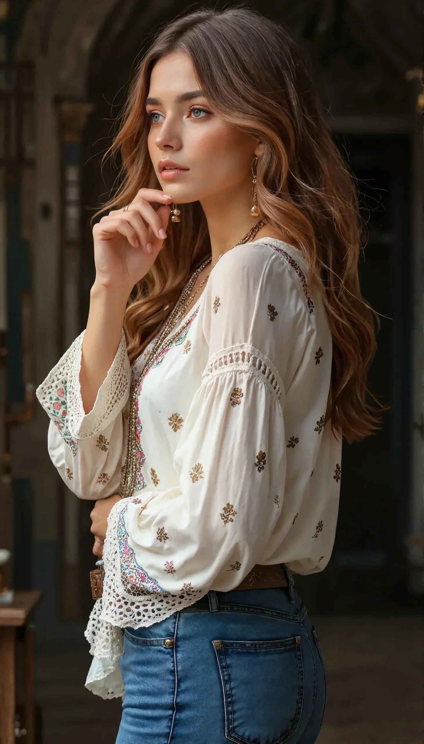 Women's Bohemian Blouse - V-Neck Long Sleeve Retro Print Vacation Top with Lace Splicing