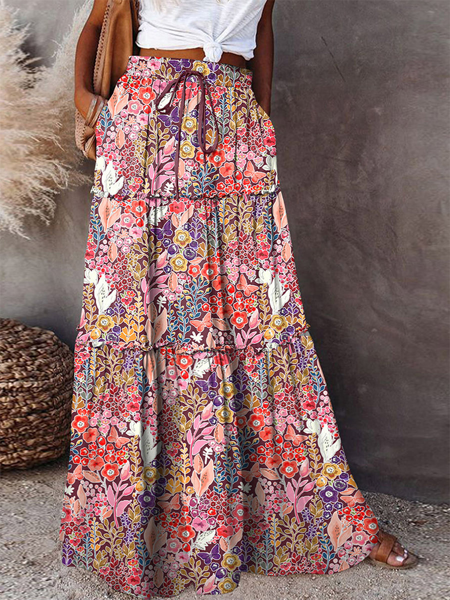👗 Women’s Bohemian Print Long Skirts – Elastic High Waist, Loose Tiered A-line Skirt with Pockets