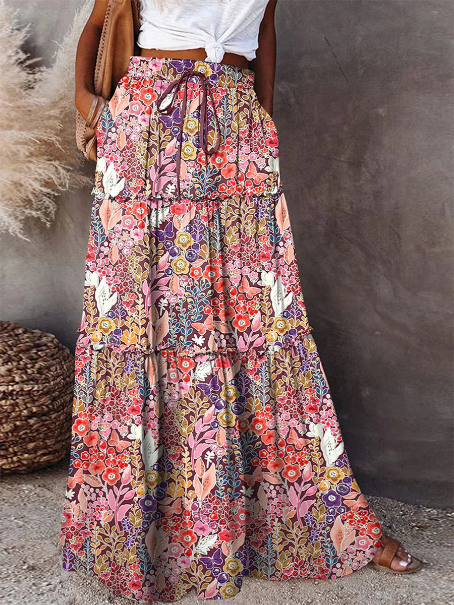 👗 Women’s Bohemian Print Long Skirts – Elastic High Waist, Loose Tiered A-line Skirt with Pockets