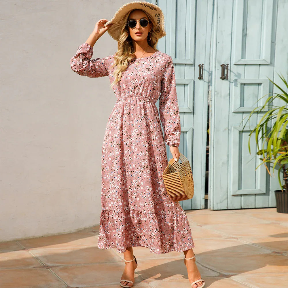 Women’s Bohemian Maxi Dress - Casual Chiffon Dress with Full Sleeves, High Waist, and Floral Print for Spring and Autumn