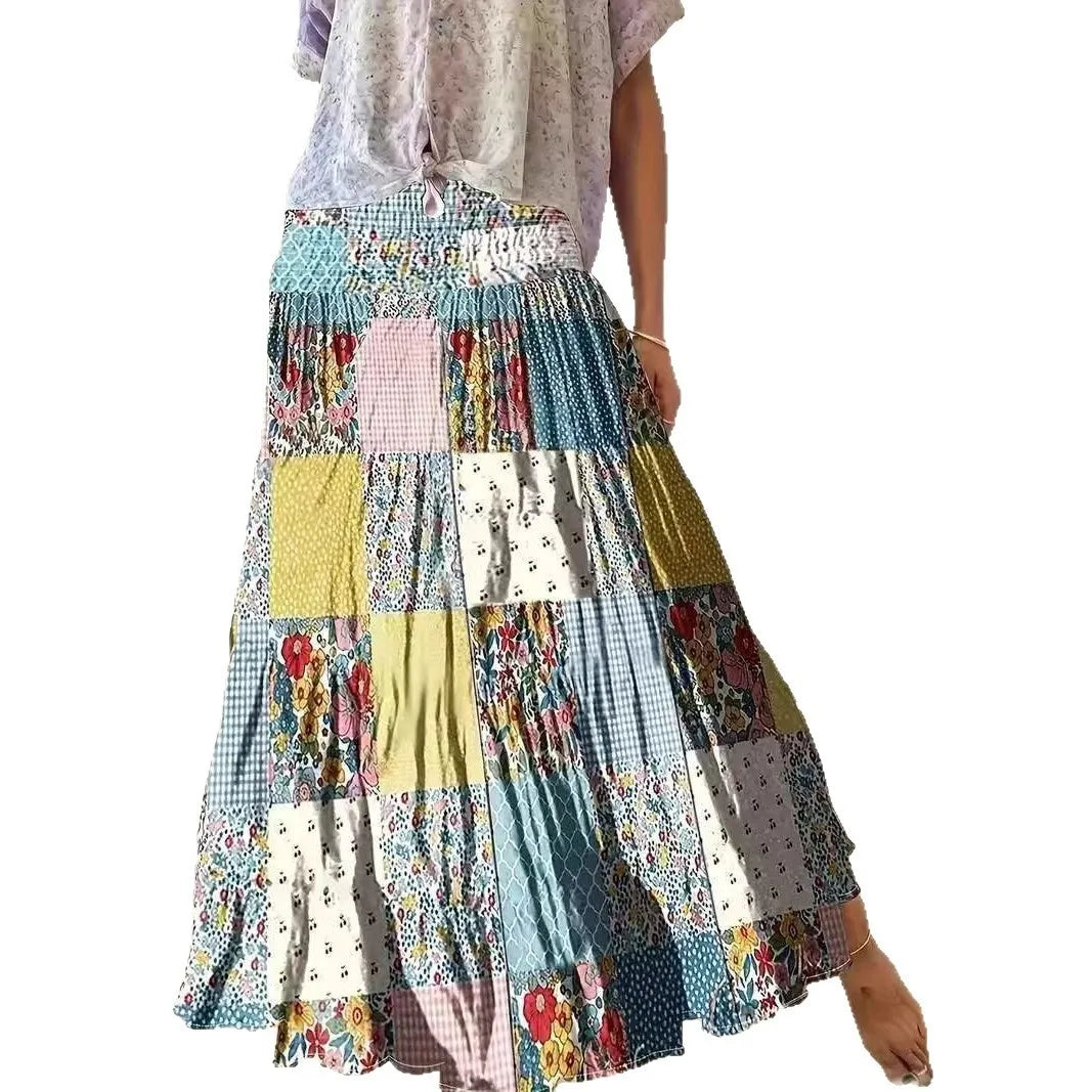 🌟 Floral Harmony High Waist Spliced Maxi Skirt – Elegant Boho Chic Fashion