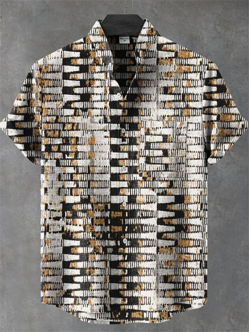 🐍 The Serpent & Solstice Art Edition: Premium Men’s Organic Linen Shirt – High-Definition Snake & Sacred Tree Illustration, Vintage Sun Graphic, Breathable Short-Sleeve Casual Button-Down FX847