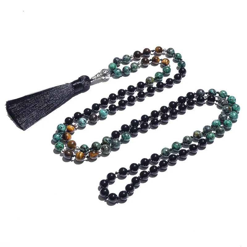 🌿 The "Evolution" 108 Mala: African Turquoise, Tiger Eye & Onyx Knotted Meditation Necklace