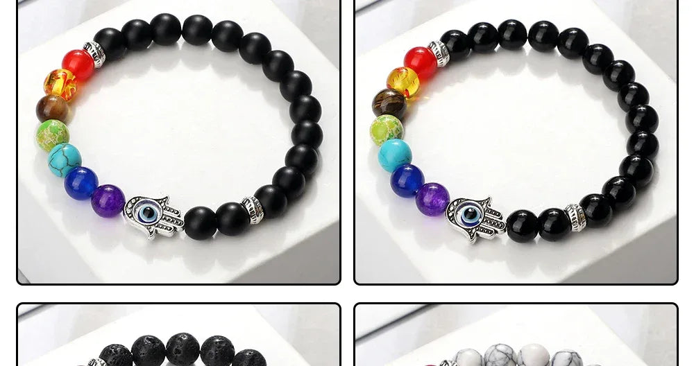 🧿 7 Chakra Protection Bracelet for Men: Natural Tiger Eye & Lava Stone with Evil Eye & Hamsa Hand – Anxiety Relief, Luck & Energy Healing Bangle