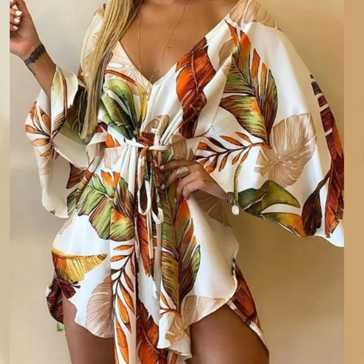 Women’s Bohemian Floral Mini Dress - Sexy V-Neck, Batwing Sleeves & Ruffle Detail Light Green
