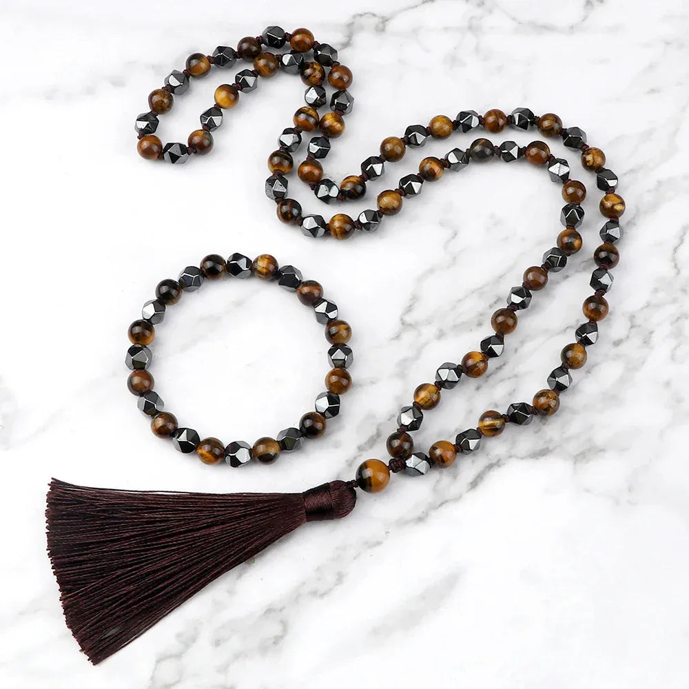 🐯 Natural Tiger Eye Stone Jewelry Set (Necklace & Bracelet): Healing Tassel Pendant & Sweater Chain – Confidence, Wealth & Protection Crystal for Women Hematite Tiger