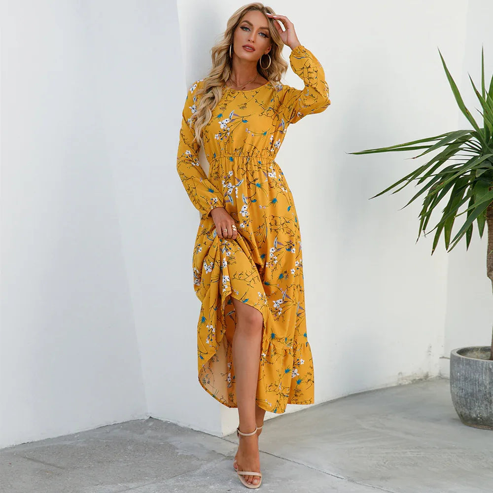 Women’s Bohemian Maxi Dress - Casual Chiffon Dress with Full Sleeves, High Waist, and Floral Print for Spring and Autumn