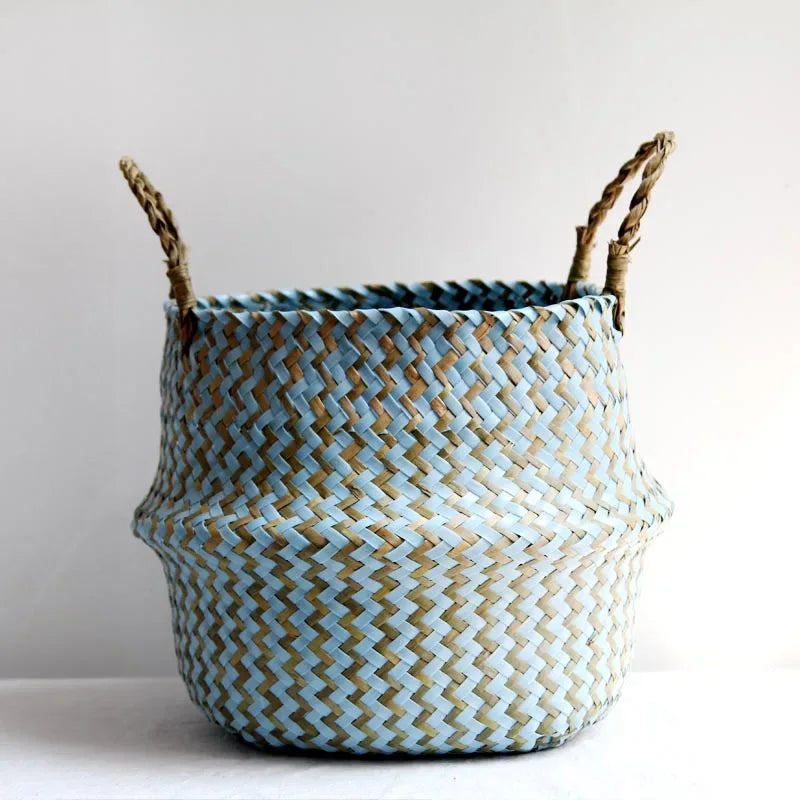 Handmade Boho Striped Wicker Storage Baskets – Collapsible Laundry & Garden Flower Pot Baskets with Patchwork Design blue and brown