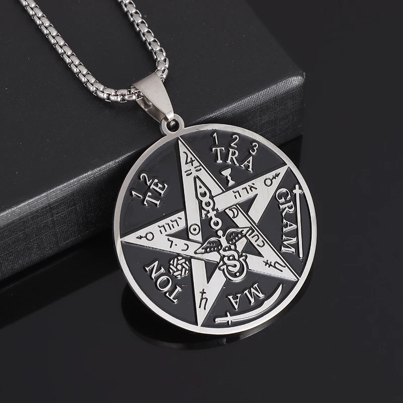 ✨ Stainless Steel 7 Archangel Seal Necklace – Solomon Kabbalah Seal Pendant | Men’s Supernatural Protection Amulet & Magical Jewelry AL19821-Silver