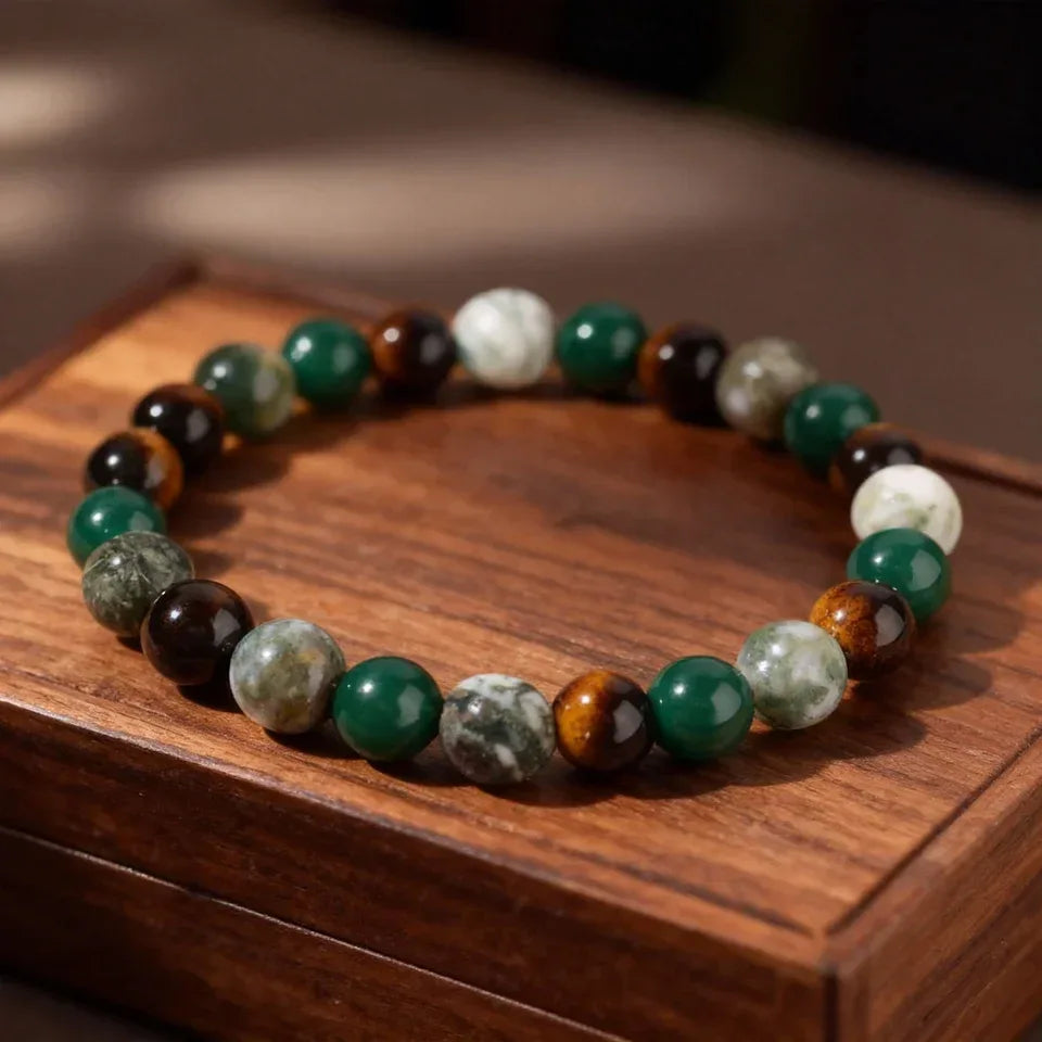 ✨ Minimalist Winter Accessories – Green and Yellow Tiger Eye & Agate Beaded Bracelet – Elegant Family Bar Jewelry for Daily Outfits