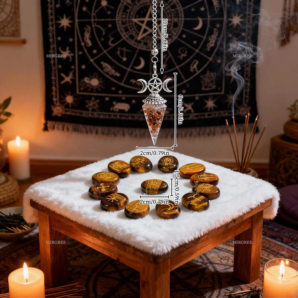 💜 Purple Crystal Spirit Pendant & Rune Stone Set – 1/13/14pcs Spiritual Jewelry for Witchcraft Divination & Blessing Ceremony