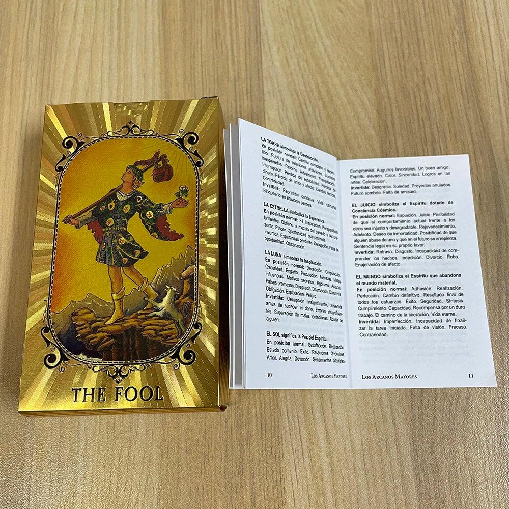 ✨ Spanish and English Golden Foil Tarot Deck – 78 Prophecy Cards | Bilingual Guidebook | 12 x 7 cm | Toro Taro