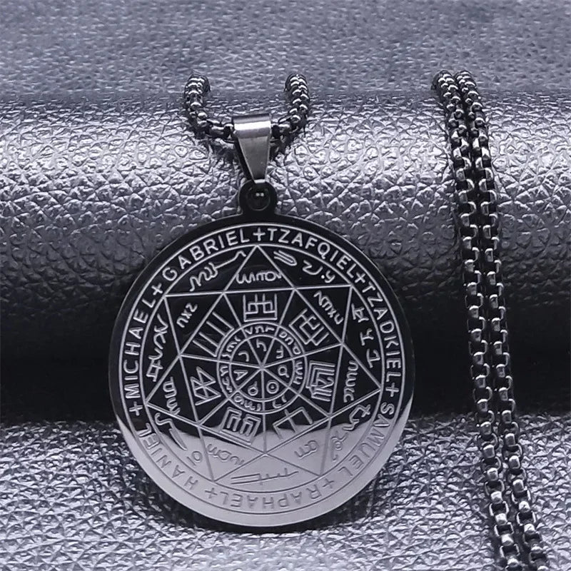 ✨ Seven Angels Medal Stainless Steel Glass Necklace – Divine Protection Talisman | Solomon & Saint Michael Pendant | Couple Party Jewelry Gifts Black-1