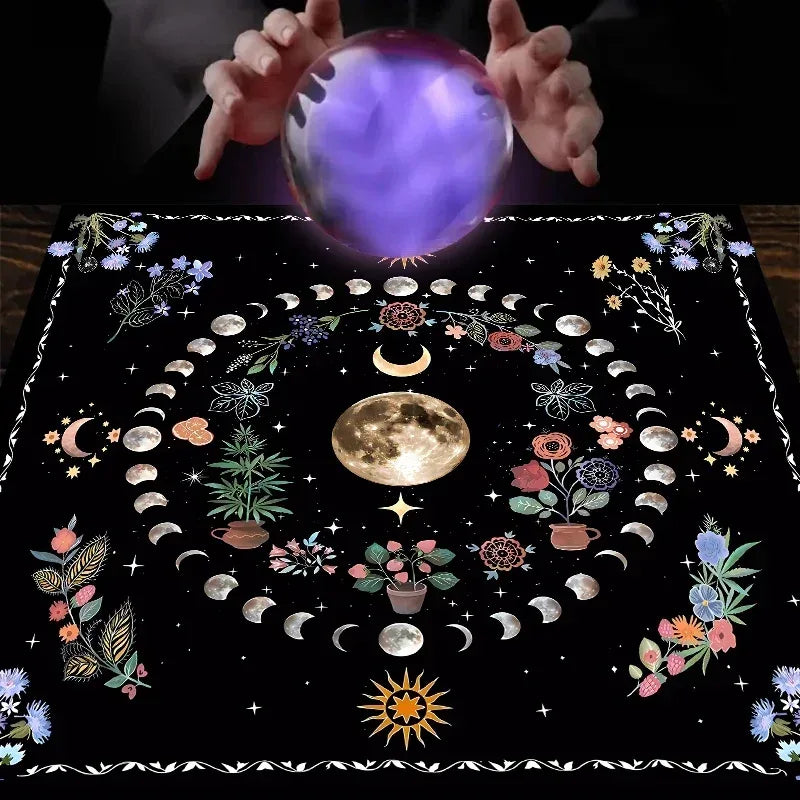 🌙 Moonlight Flower Tarot Card Table Cloth﻿ | Altar Card Mat & Witchcraft Astrology Supplies – Beautiful Decorative Card Mat for Sacred Rituals