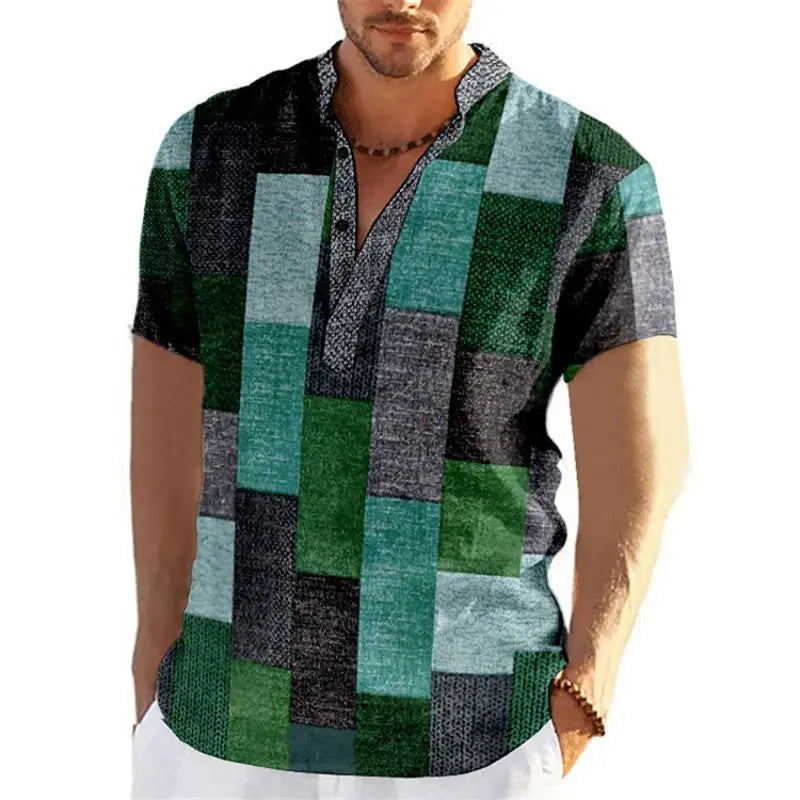 🎨 The Neo-Vintage 3D Patchwork Henley: Premium Men's Color-Block Fashion Tee – High-Definition Digital Print, Breathable Short-Sleeve 3-Button Henley, and Sophisticated Slim-Relaxed Fit