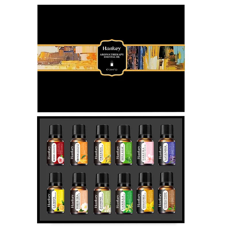 🌿 10ml Essential Oil Aromatherapy Gift Box – Water-Soluble Natural Oils for Diffuser and Humidifier with Lavender, Rose, Eucalyptus, White Peach, and Oolong﻿ 12PSC