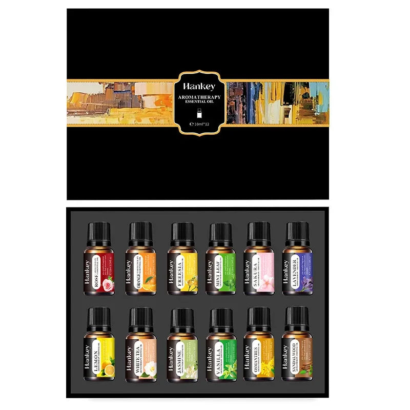 🌿 10ml Essential Oil Aromatherapy Gift Box – Water-Soluble Oils for Air Humidifiers Featuring Lavender, Rose, Eucalyptus, White Peach & Oolong Scents﻿ 12PSC