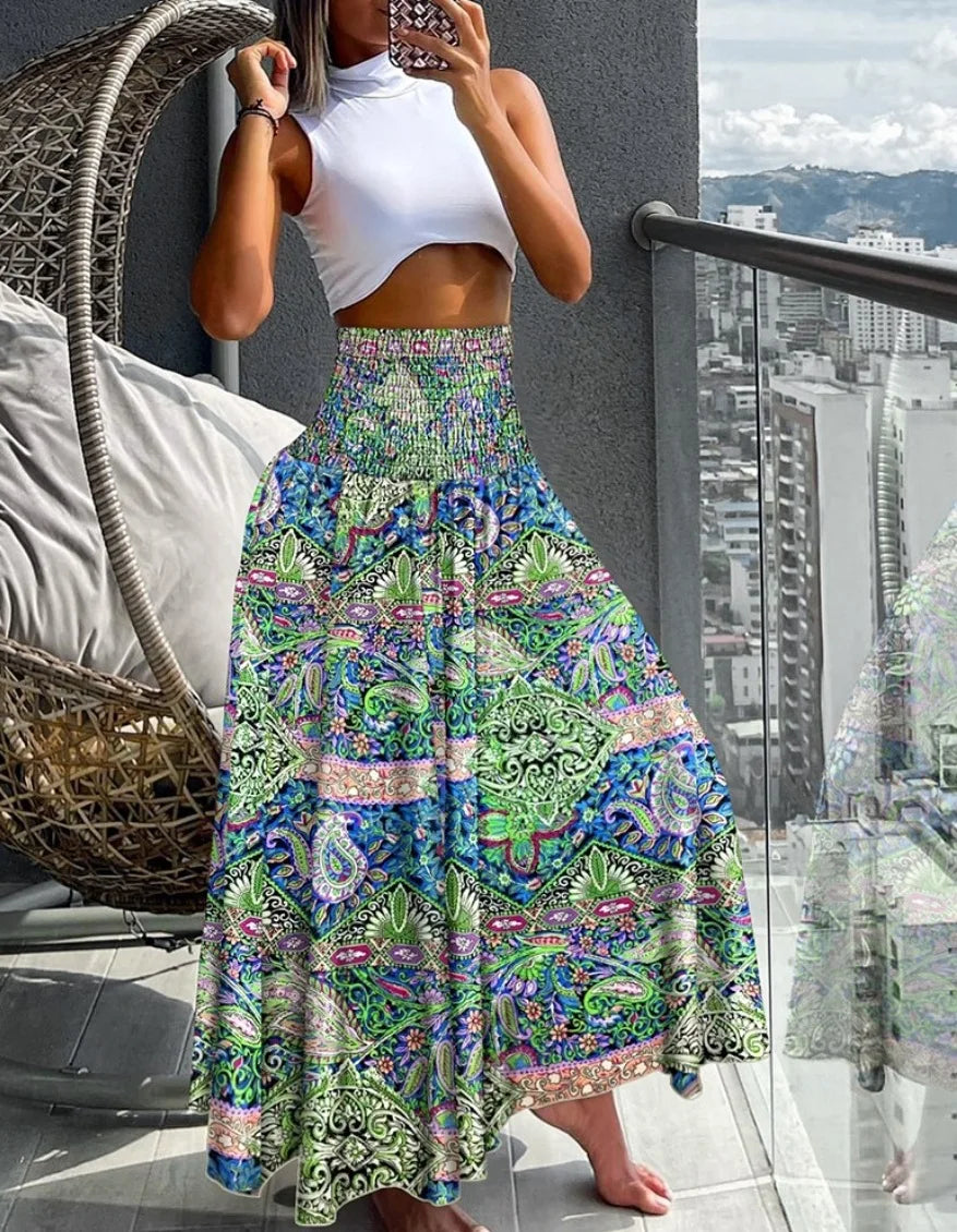 🛍️ Boho Beach Skirt – Vintage Printed Long A-Line Skirt with Elastic High Waist, Big Hem for Women’s Vacation and Spring-Summer Fashion