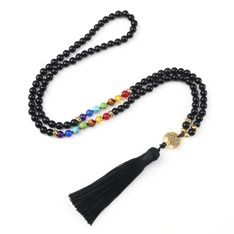 💜 Natural Purple Agate 108 Mala Necklace: Hand-Knotted Reiki Healing Stone – 7 Chakra Meditation Japamala & Boho Tassel Jewelry for Women Shiny Black