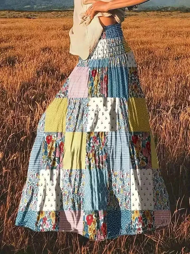 🌟 Floral Harmony High Waist Spliced Maxi Skirt – Elegant Boho Chic Fashion