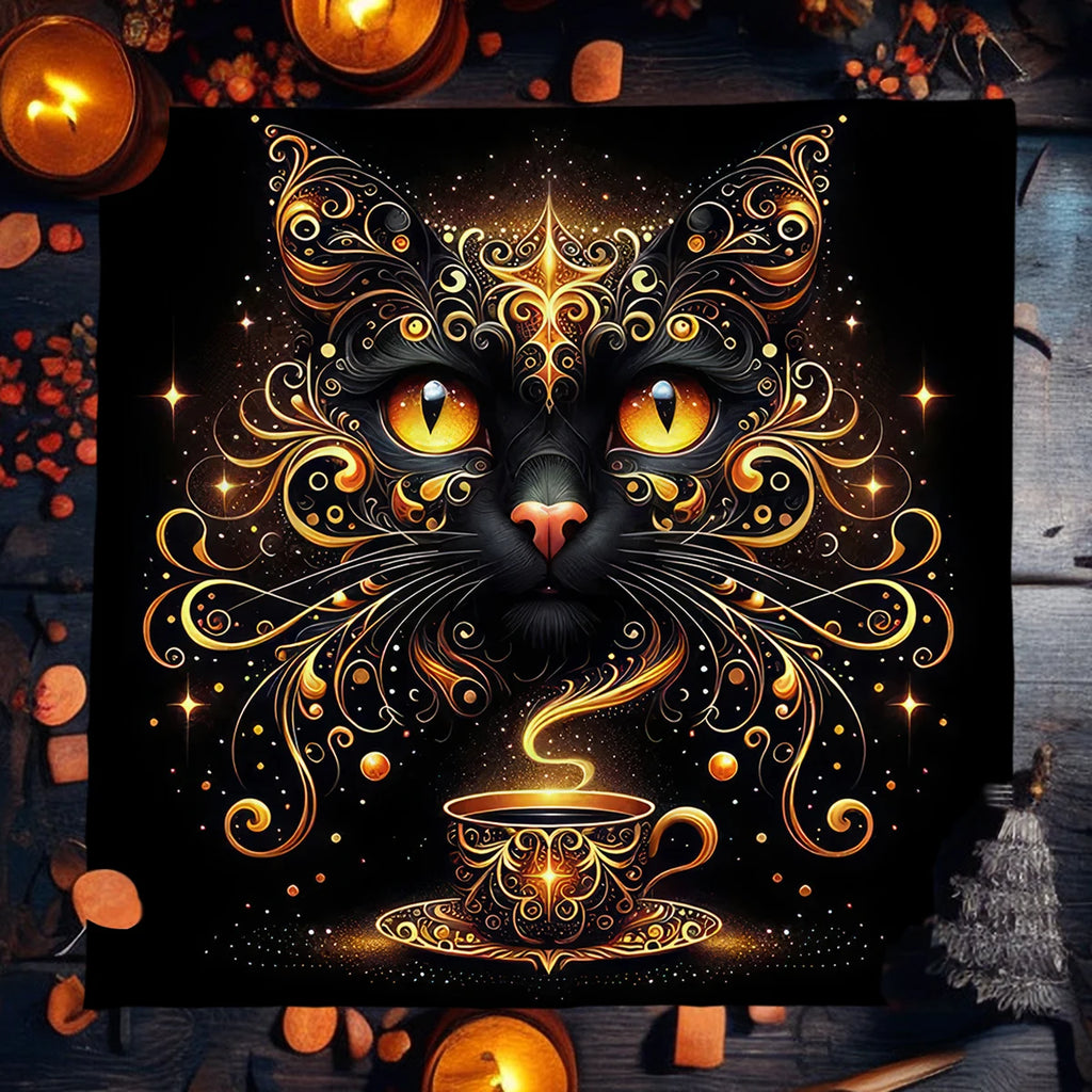 🌟Gold Witchcraft Cat Altar Cloth | Tarot Tablecloth for Spread & Reading | Starry Sky Divination Mat | Altar Decor Pad