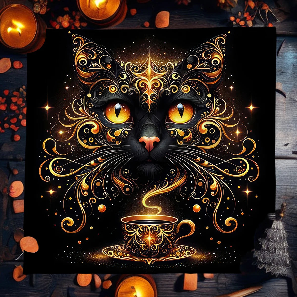 🌟Gold Witchcraft Cat Altar Cloth | Tarot Tablecloth for Spread & Reading | Starry Sky Divination Mat | Altar Decor Pad