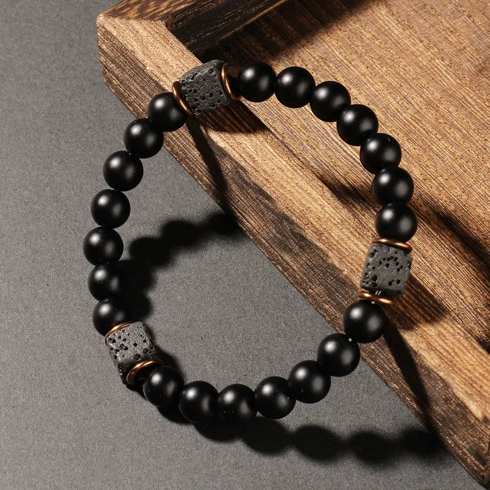 ✨ Creative Square Volcanic Stone and Round Men's Bracelet – Elegant Autumn Black Jewelry – Perfect Brother’s Christmas Gift & Daily Pulsera Hombre