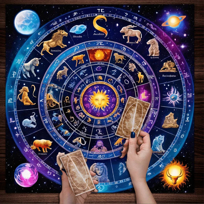 🃏 VIKAMA Astrological Magic Tablecloth – Glowing Sun & Twelve Zodiac Signs Round Altar Cloth for Tarot Readings, Astrology Rituals & Mystic Home Decor