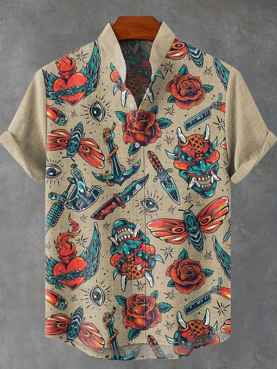 🎨 The Vintage Feline Art Edition: Premium Men’s Summer Shirt – High-Definition Floral & Cat Graphic Print, Breathable Quick-Dry Fabric, and Sophisticated Retro-Style Casual Button-Down HY471