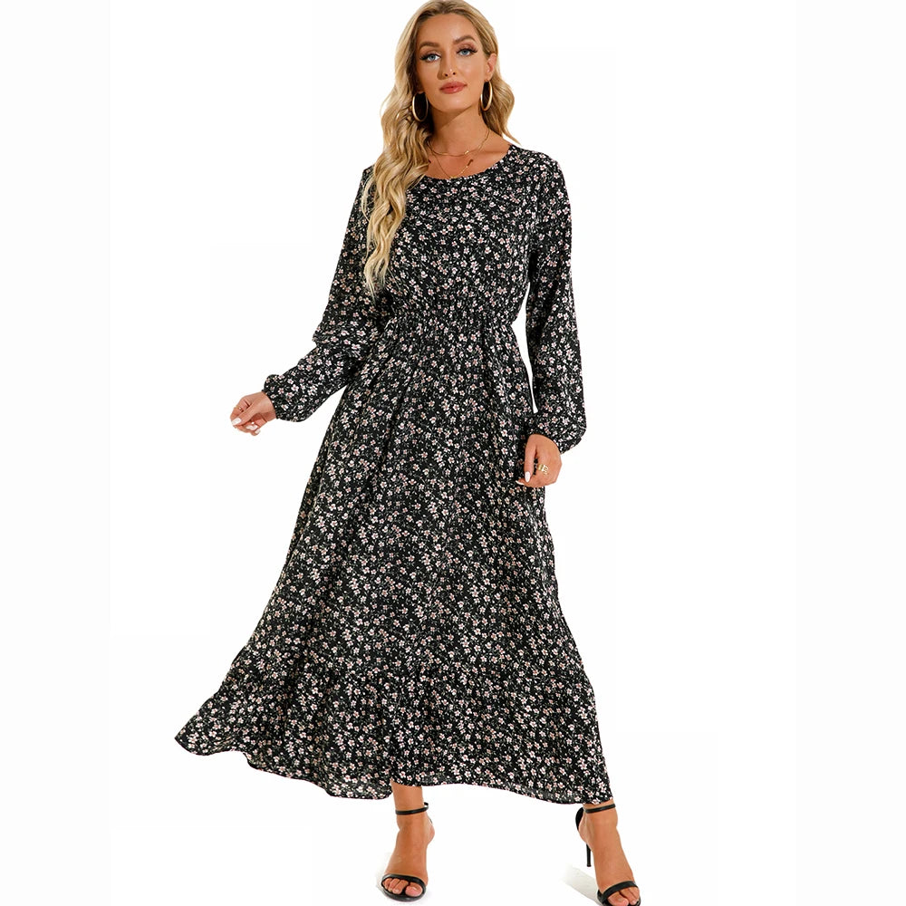 👗 Women’s Bohemian Maxi Dress – Spring Autumn Casual Chiffon Dress with Full Sleeves, High Waist, and Floral Print