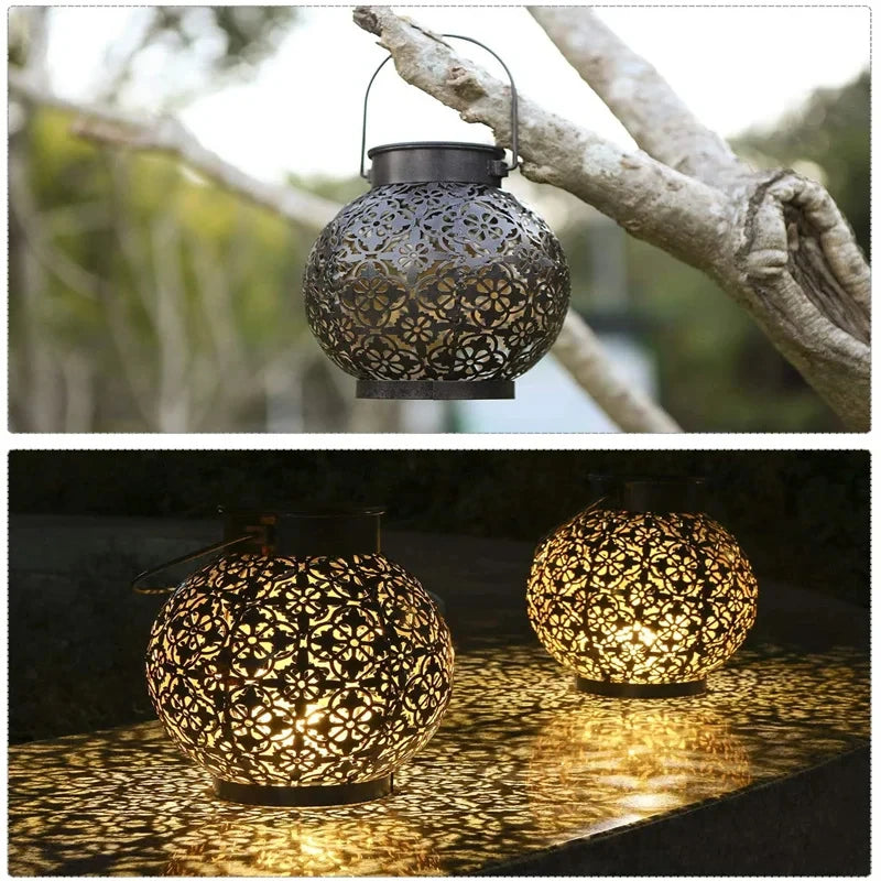 Solar LED Lantern with Hollow Wrought Iron Design – Waterproof Outdoor Hanging Projection Lamp for Garden and Yard Decor