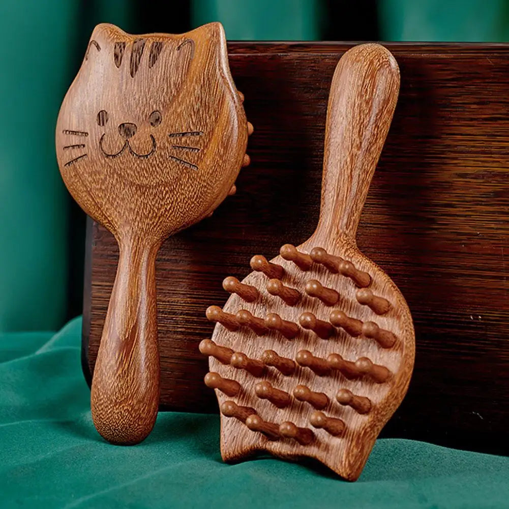 Sandalwood Scalp Massage Comb – Cat Shape Wooden Wide Tooth Guasha Scraping Comb for Hair and Body Massage﻿