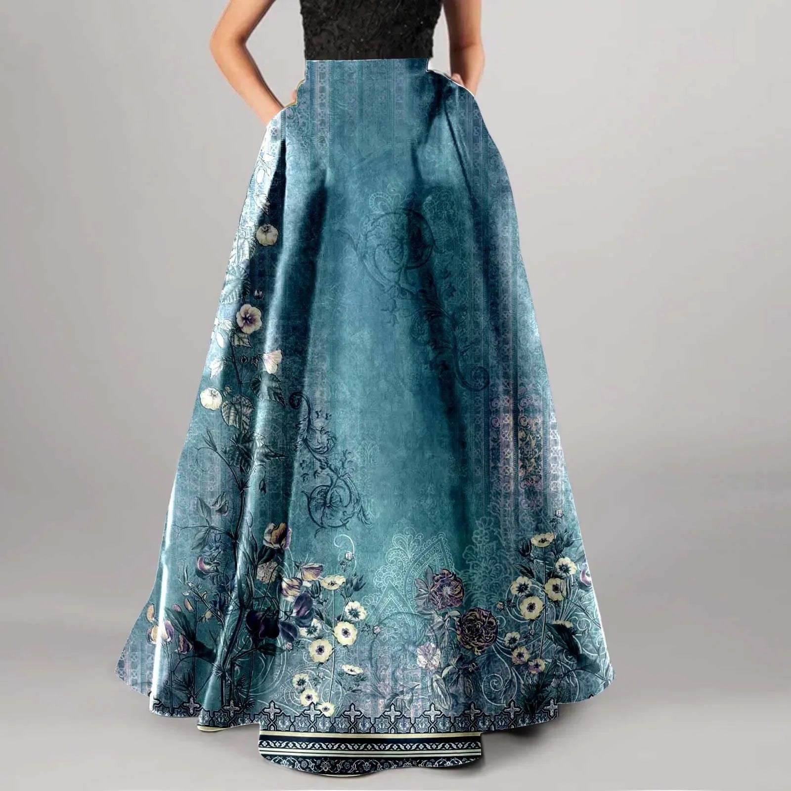 Summer Bohemian Maxi Skirt – Floral High Waist Pleated Maxi Skirt for Women in Boho Holiday Style Blue
