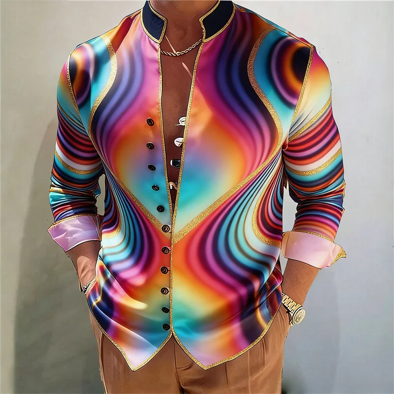 🎨 The Harajuku Multi-Dimension: Premium Men’s 3D Floral & Color-Block Long-Sleeve Shirt – High-Definition Digital Print, Avant-Garde Geometric Design, and Sophisticated Urban-Fit Streetwear Button-Down