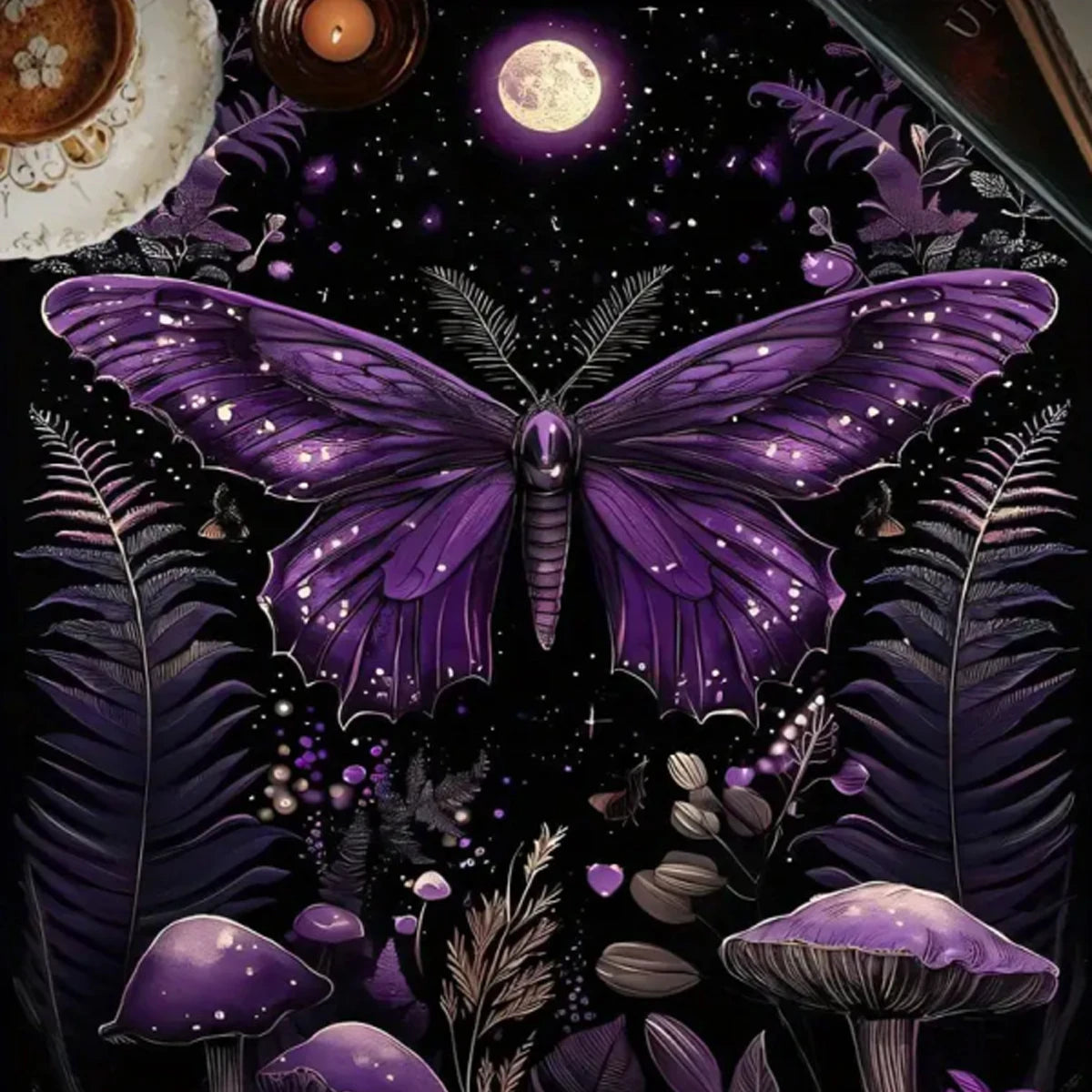 🦋Mystical Purple Butterfly Tarot Tablecloth | Altar Cloth with Moonlight Mushrooms & Plants – Witchcraft Astrology Tarot Cloth for Home Decor