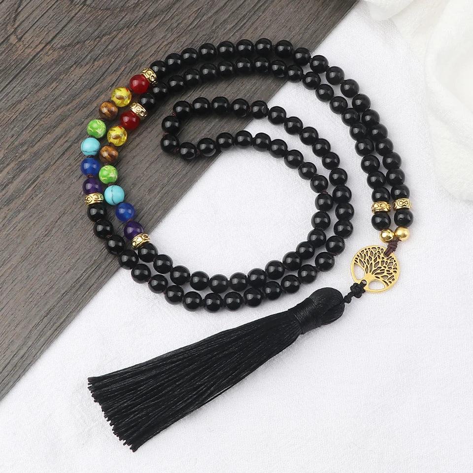 🐯 Tiger Eye & Black Onyx 108 Mala Necklace with Tree of Life Pendant – 7 Chakra Healing Crystal Beads & Protection Rosary Jewelry for Men & Women