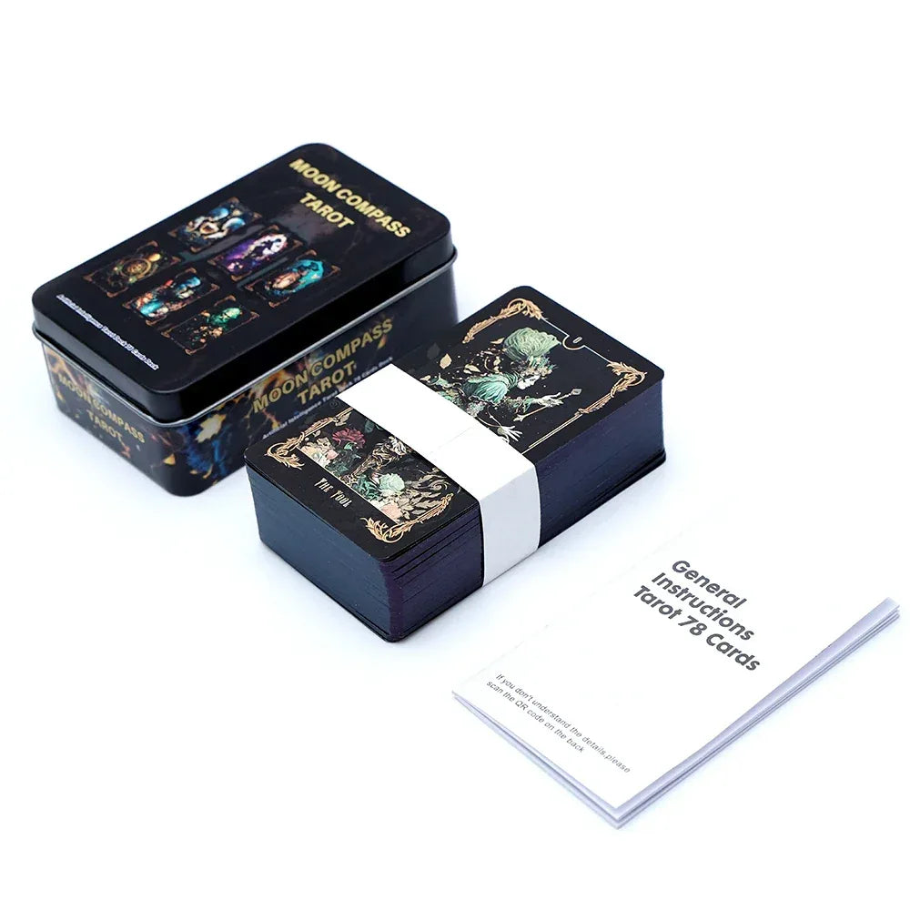 🌙 DMoon Compass Tarot & Del Toro Tarot Deck – 78 Cards | Gilded Edge, Paper Guidebook | Beginner Friendly | Tin Metal Box