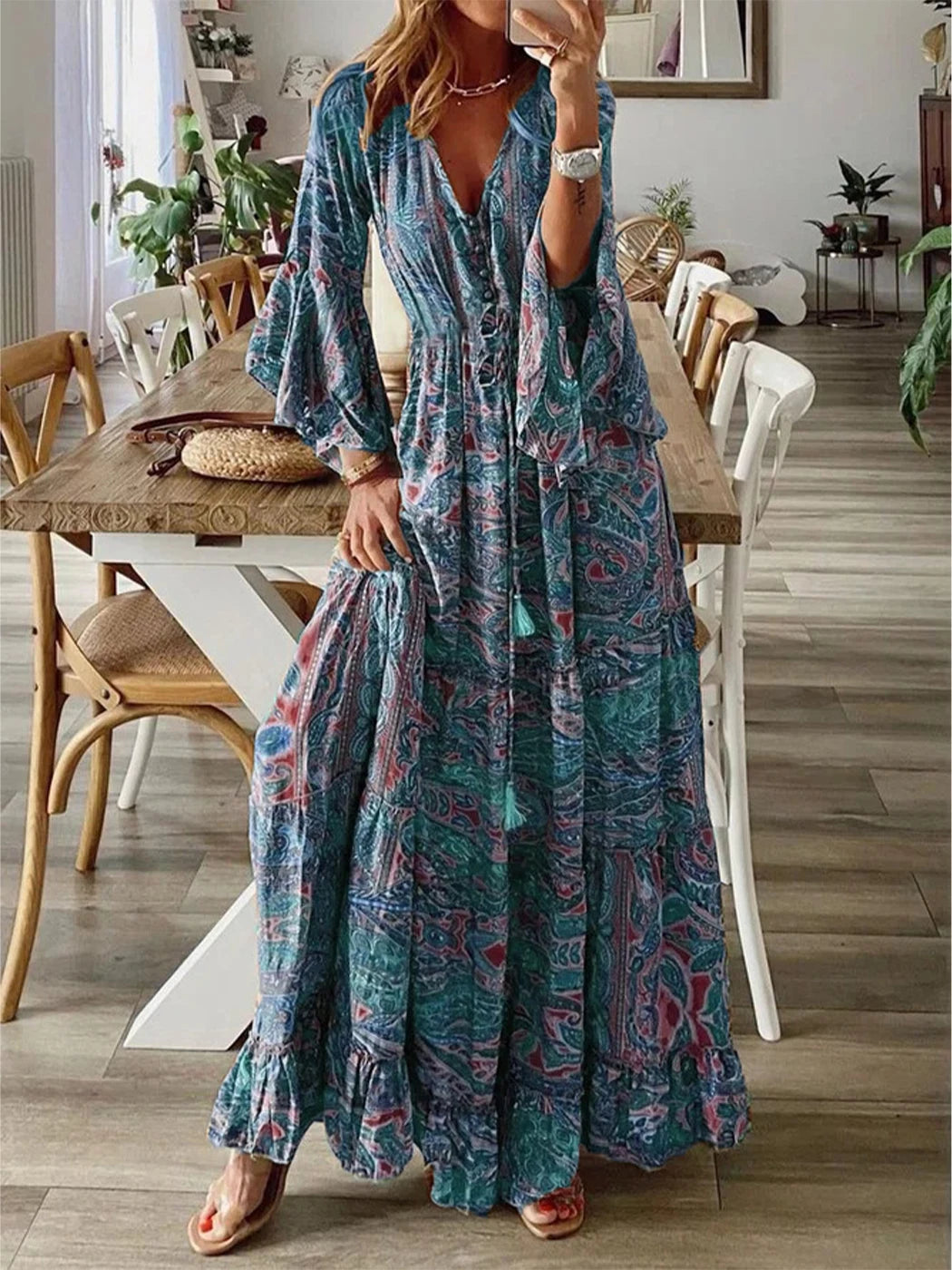 👗 European and American Bohemian Style Flared Sleeve Print V-Neck High Waisted Vacation Dress – Floral Women’s Long Skirt Blue