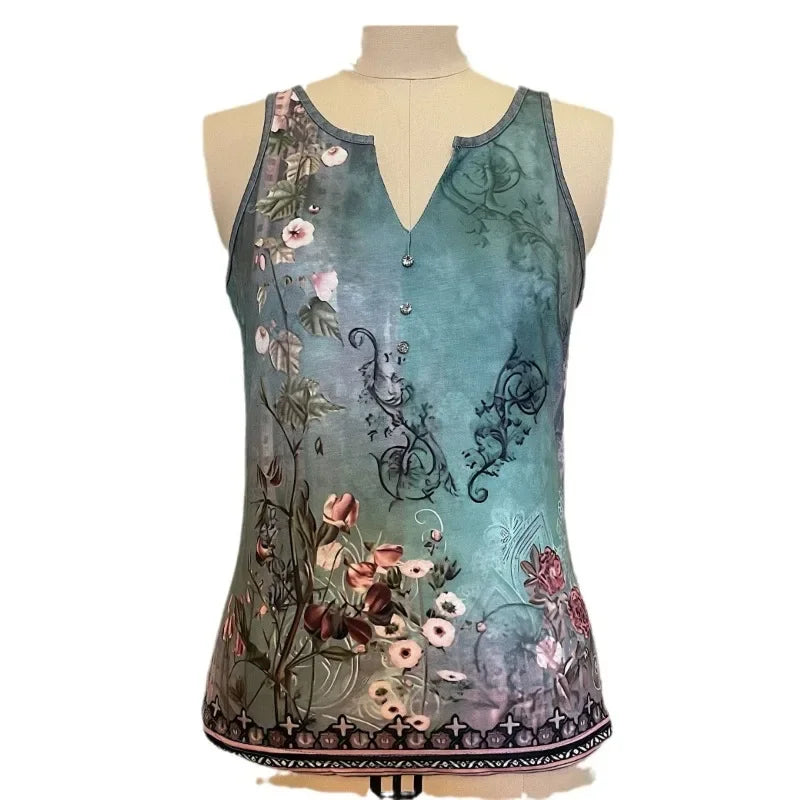 👚 Women’s Casual Small Vest T-Shirt with Suspenders – Fashionable V-Neck Painted Grace Tank Top for Summer