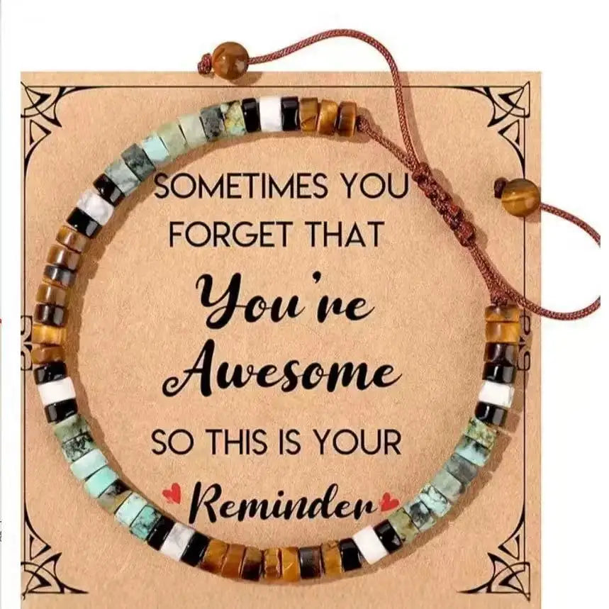 ✨ Natural Stone Beaded Woven Bracelet – Tiger’s Eye & Obsidian – Adjustable Unisex Couple Jewelry with Encouragement Blessing Card